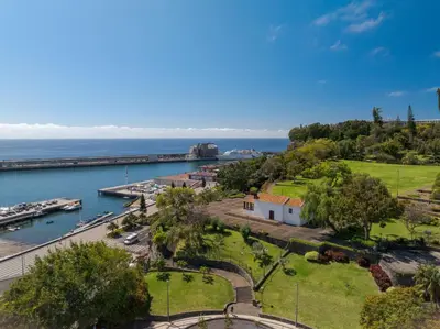 an aerial view of a marina next to the water at Funchal Marina Bay in Funchal