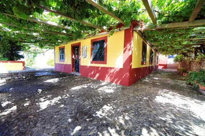 a colorful building with a bench in front of it at Charming Studio with Sea View - Ponta do Pargo - 20 m² in Ponta do Pargo