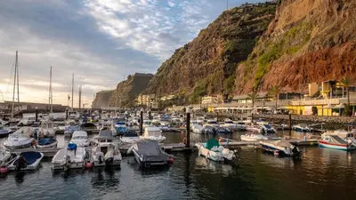 a bunch of boats are docked in a harbor at Vilamar- Madeira Inn Group in Calheta