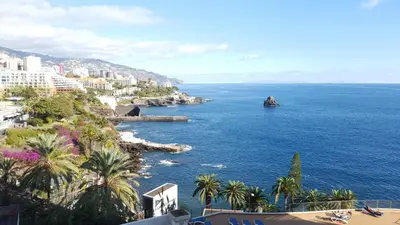 a view of the ocean with palm trees and buildings at Apartamento VISTA MAR in Funchal