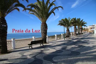 a sidewalk with palm trees and the beach at Buganvilia Praia da Luz in Luz