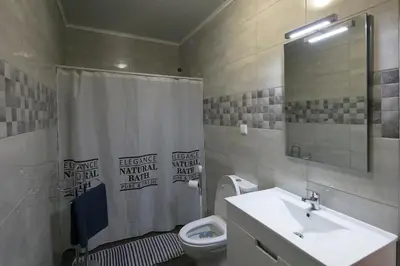 a bathroom with a sink and a toilet and a mirror at Lobos Rustic House II in Câmara de Lobos
