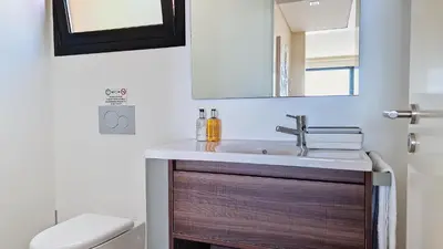 a bathroom with a sink and a toilet and a mirror at Eden Sun - A Modern Luxury Villa with a Panoramic View in Prazeres