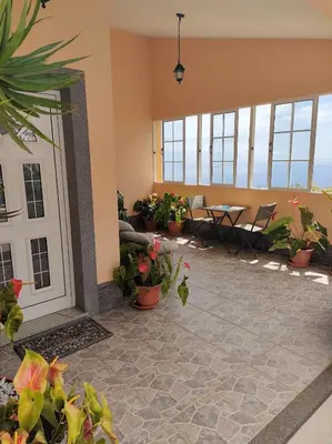 a lobby with plants and tables and windows at Costa Residence Funchal View in Funchal