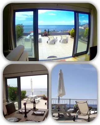 a collage of two pictures of a view of a patio at TRIPLEX TERRASSE VUE EXCLUSIVE SUR L OCÉAN ,WIFI in Santa Cruz