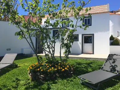a house with a tree and a chair and flowers at La Casa de la Abuela in Ponta do Sol