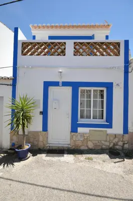 a blue and white house with a door and a plant at Casa Azul in Barão de São João