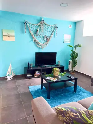 a living room with a tv and a hammock at O Cantinho do Zé in Funchal