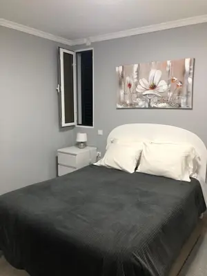 a bedroom with a large bed with a black blanket at STUDIO'S HOUSE in Funchal