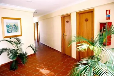 a hallway with two potted plants in a building at Areia Dourada in Porto Santo