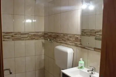a bathroom with a toilet and a sink and a mirror at Casa Marreiros Holiday Home in Vila do Bispo