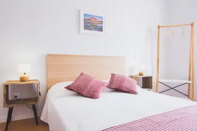 a bedroom with a bed with pink pillows and a tv at Ardmar B&B in Vila do Bispo