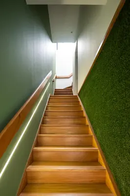 a stairway with a green wall and a window at BAYLEAF Apartments - Apartamento do Tempo in Funchal
