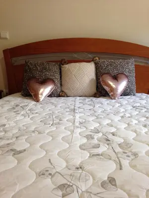 two heart cushions on a bed with hearts on it at Bento Lodge by Madeira Holiday Rentals in Ribeira Brava