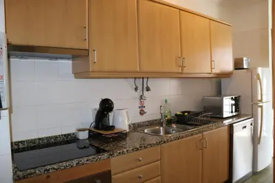 a kitchen with wooden cabinets and a sink and a refrigerator at Uptown Madalenas in Funchal