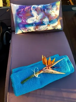 a box with a pair of scissors on a blue towel at Casa Lira in Arco da Calheta