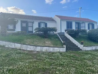 a white house with palm trees in the yard at Quinta do Monte Santo in Vila do Porto