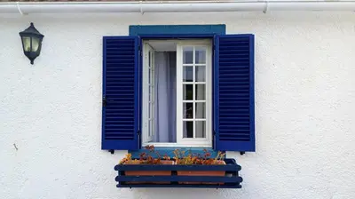a window with blue shutters and flowers in a window box at Quinta do Monte Santo in Vila do Porto