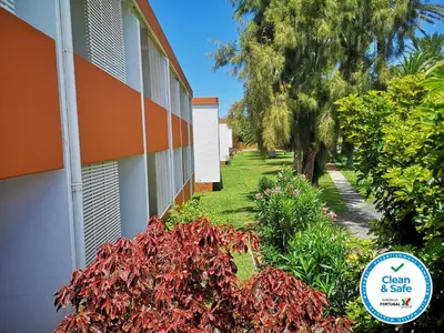 a garden next to a building with plants and trees at Hotel Porto Santo & Spa in Porto Santo
