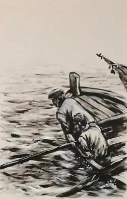 a drawing of two men rowing a boat in the water at Porto Santo Apartment in Porto Santo