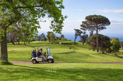 a golf cart driving down a golf course at Casa Velha do Palheiro Relais & Chateaux in Funchal