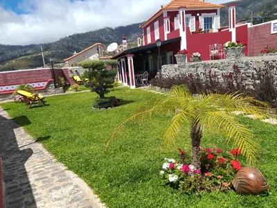 a green yard with a palm tree and a red building at the old school in Calheta