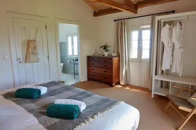 a bedroom with a large bed with two pillows on it at Quinta das Vinhas in Calheta