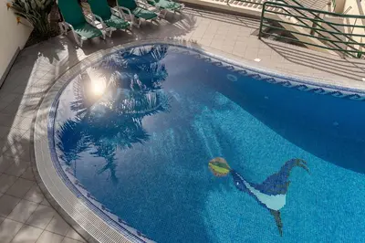 an empty swimming pool with a dinosaur in the water at Charming Villa in Funchal in Funchal