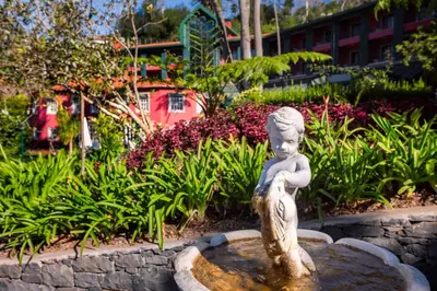a statue of a little boy sitting in a fountain at Quinta do Monte in Funchal