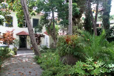 a garden in front of a white house with trees at Quinta do Estreito in Estreito de Câmara de Lobos