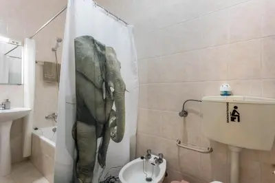 a bathroom with a white sink and a shower at Geo House in Vila do Bispo