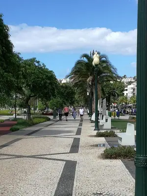 a sidewalk with a palm tree and a street light at The Editory Garden Carmo Funchal in Funchal