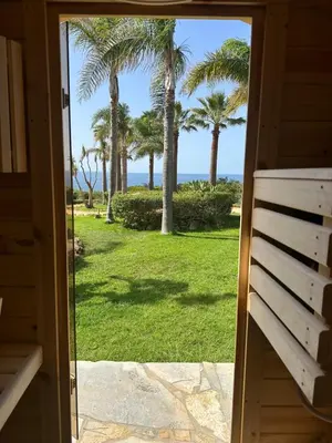 an open door to a yard with palm trees at Vila Luz in Luz