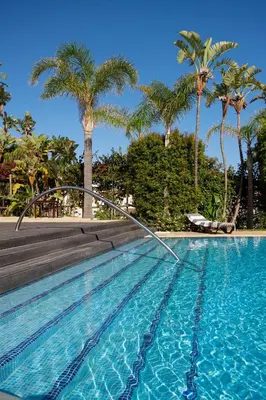 a swimming pool with palm trees in the background at Vila Luz in Luz