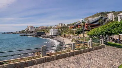 a view of a beach with buildings and the ocean at Miramar Apartment with pool by Holiday Rental Madeira in Funchal