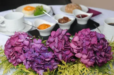 a table topped with purple flowers and plates of food at Quinta Da Cova Do Milho in Santo da Serra
