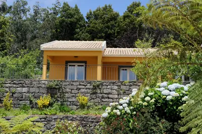 a yellow house behind a stone wall at Quinta Da Cova Do Milho in Santo da Serra