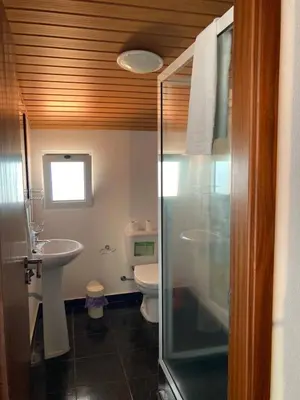a bathroom with a toilet and a sink and a shower at Cecília's House in Jardim do Mar