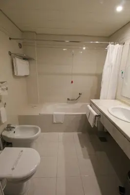 a bathroom with a toilet and a tub and a sink at Suite Hotel Jardins Da Ajuda in Funchal