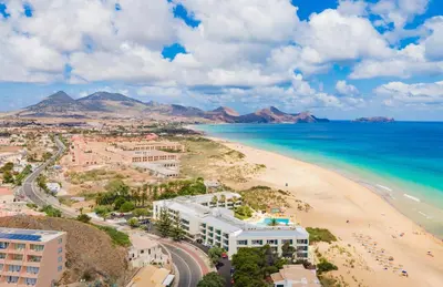 an aerial view of a beach and the ocean at Vila Baleira Suites in Porto Santo
