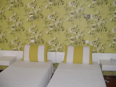 two beds in a room with a floral wallpaper at Hotel Praia Dourada in Porto Santo