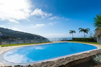 a swimming pool with the ocean in the background at Zeza´s apartament in Calheta