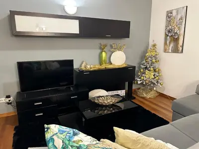 a living room with a tv and a christmas tree at Zeza´s apartament in Calheta