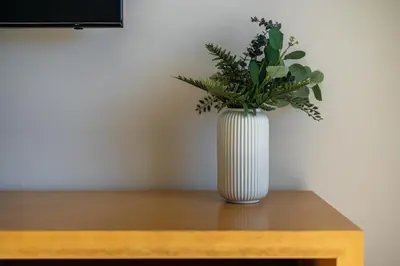 a white vase with a plant sitting on a table at Pontalaia Apartamentos Turísticos in Sagres
