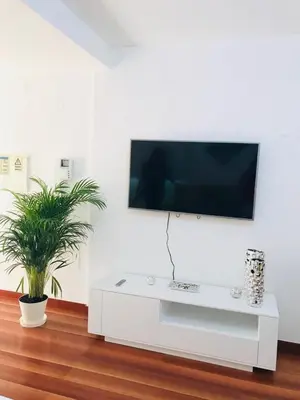 a white entertainment center with a tv on a white wall at Rother Praia da Luz Luxury Apartment in Luz