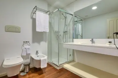 a bathroom with a shower and a toilet and a sink at Century House with private pool by Holiday Rental Madeira in Funchal