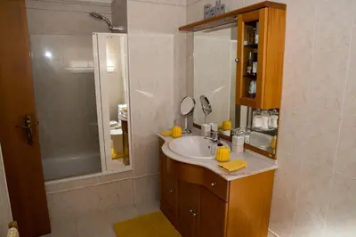 a bathroom with a sink and a shower at ZiZis Place in Santa Cruz