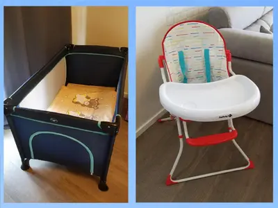 a blue and white baby crib with a red and white high chair at Madeira Mar - Seaview in Funchal