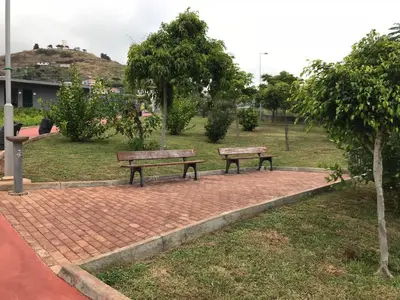 two benches sitting on a brick path in a park at Lou-Jos in Funchal