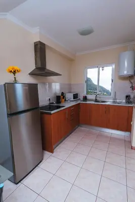 a large kitchen with a stainless steel refrigerator at Calheta Holiday Houses in Arco da Calheta